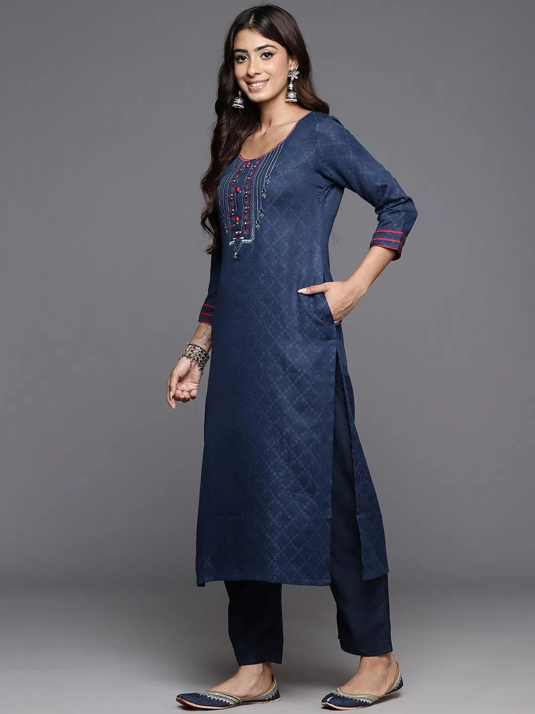 Blue Yoke Design Cotton Straight Kurta - Libas