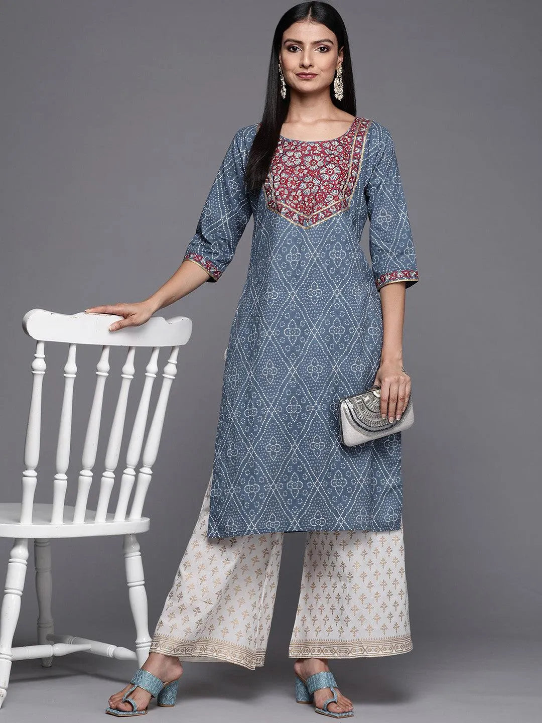 Blue Yoke Design Cotton Straight Kurta - Libas