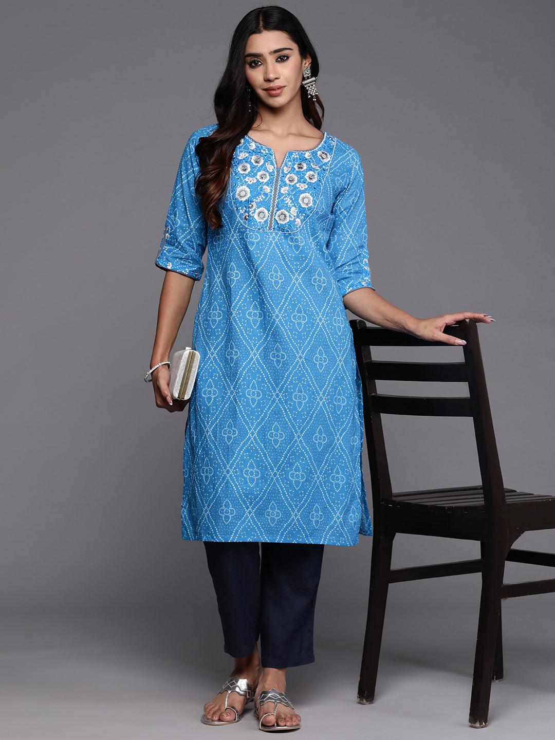 Blue Yoke Design Cotton Straight Kurta - Libas 