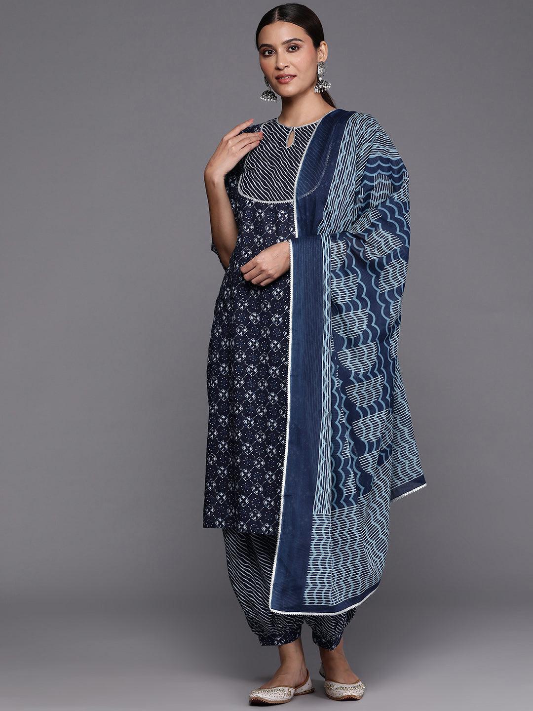 Blue Yoke Design Cotton Straight Kurta With Salwar & Dupatta - Libas 