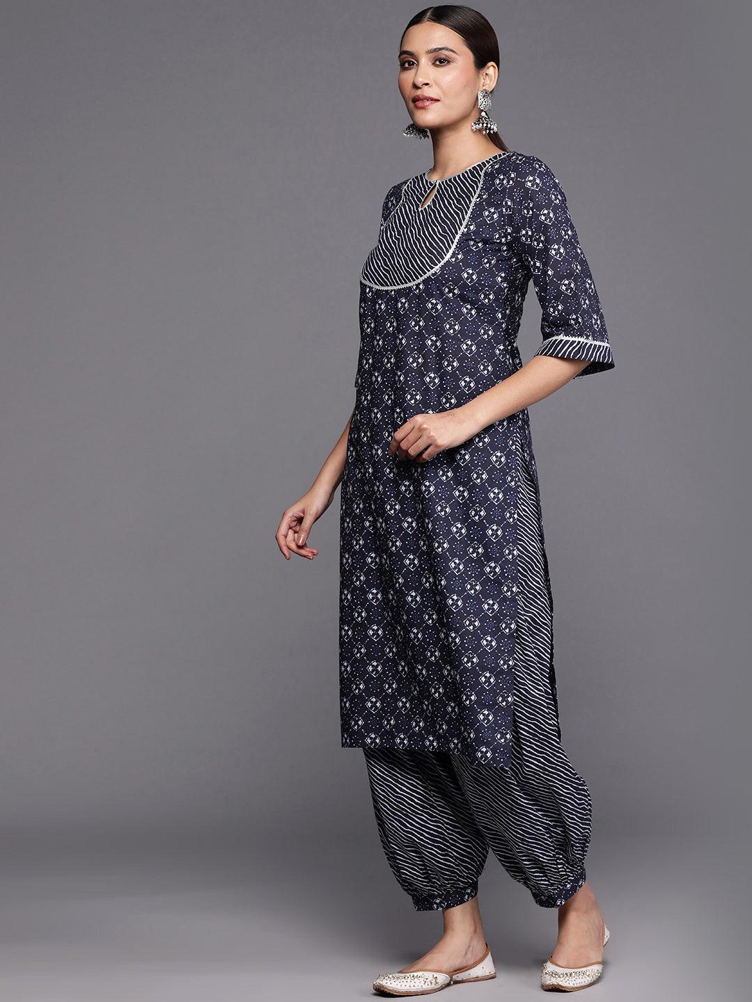 Blue Yoke Design Cotton Straight Kurta With Salwar & Dupatta