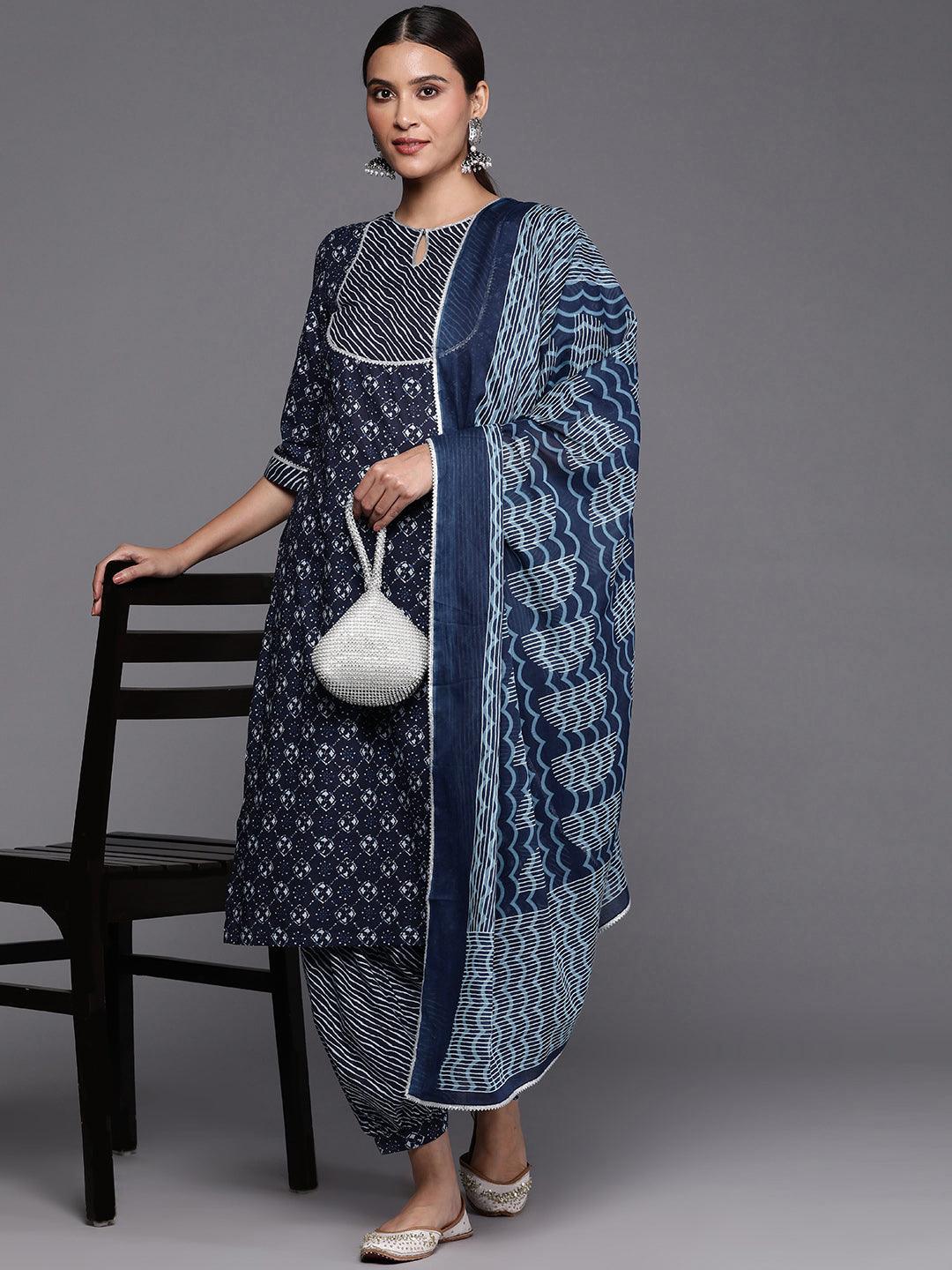 Blue Yoke Design Cotton Straight Kurta With Salwar & Dupatta