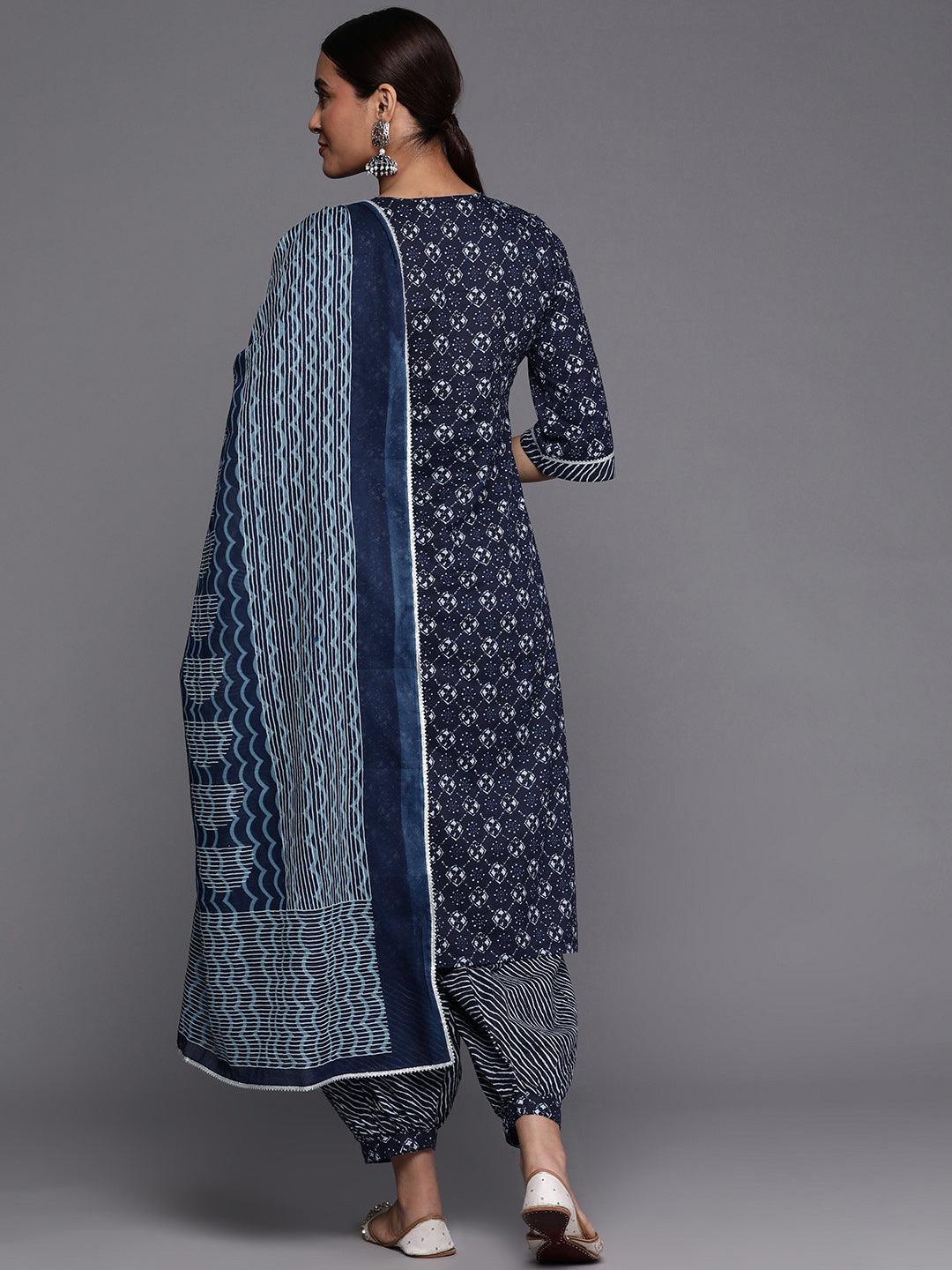 Blue Yoke Design Cotton Straight Kurta With Salwar & Dupatta - Libas 