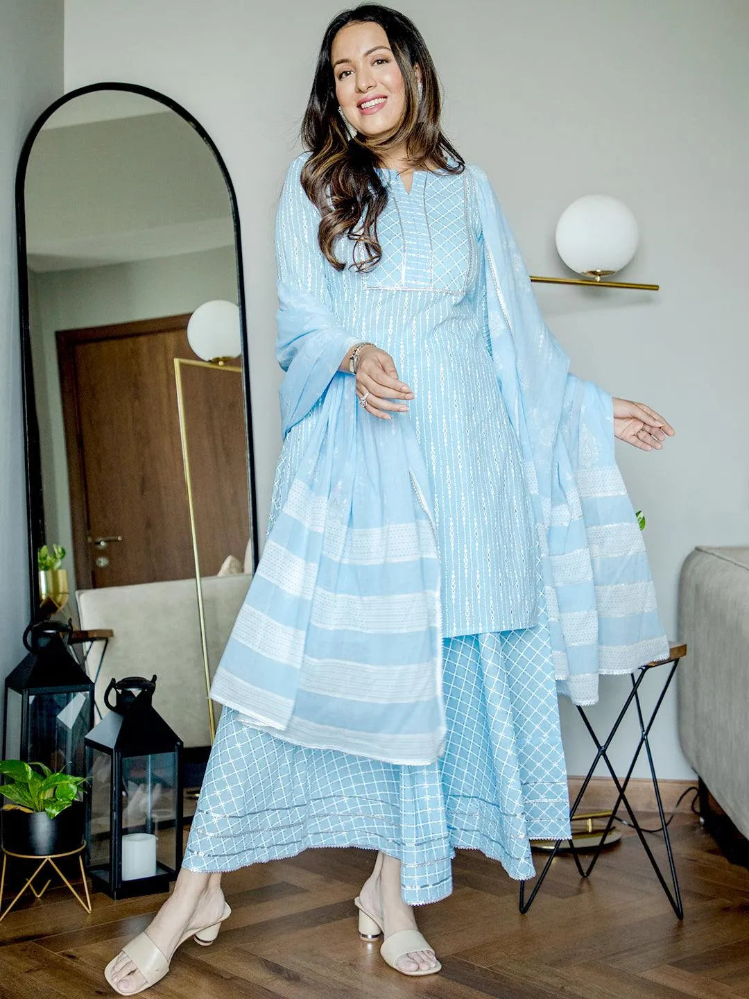 Blue Yoke Design Cotton Straight Suit Set - Libas 