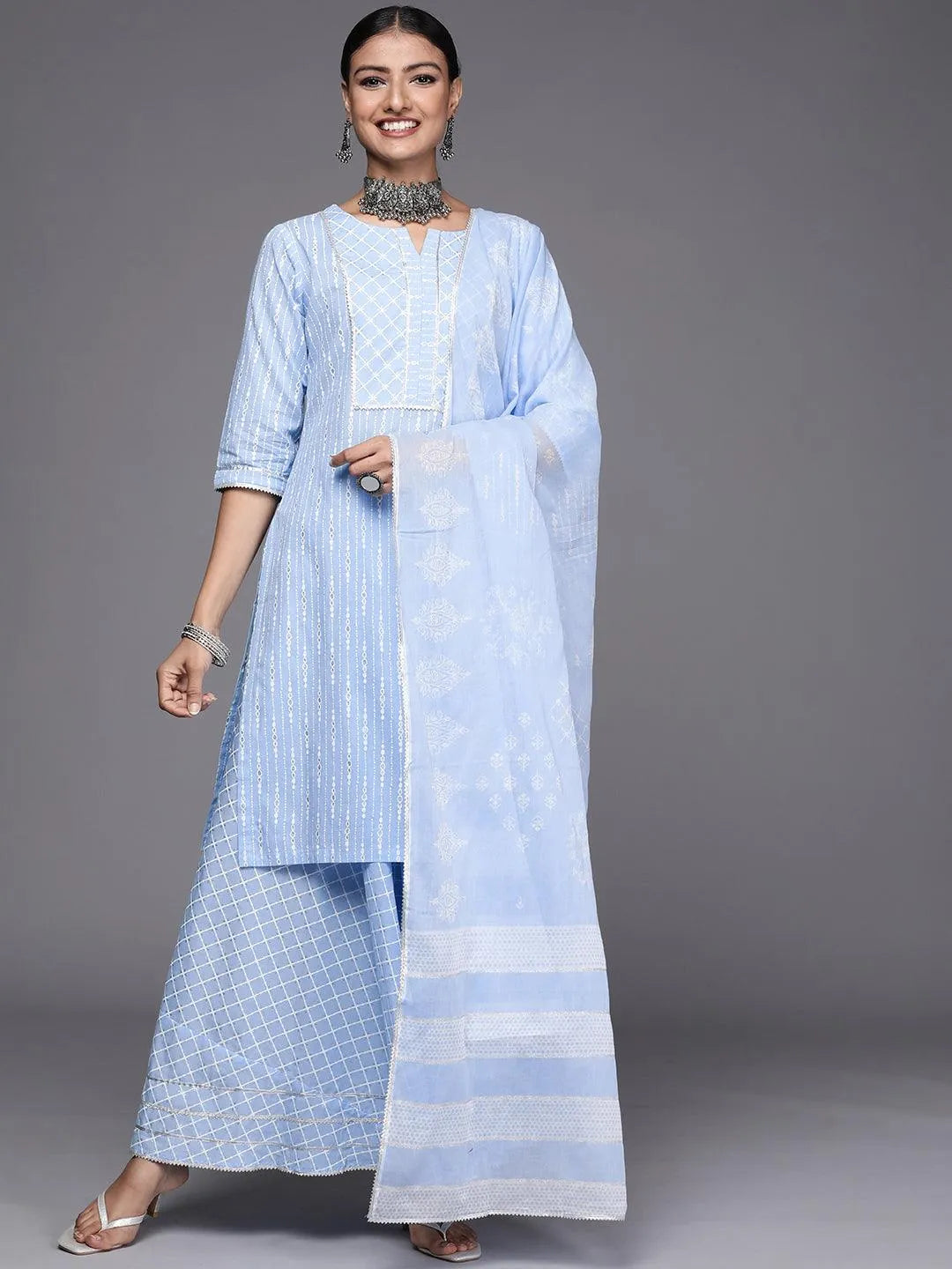 Blue Yoke Design Cotton Straight Suit Set - Libas 