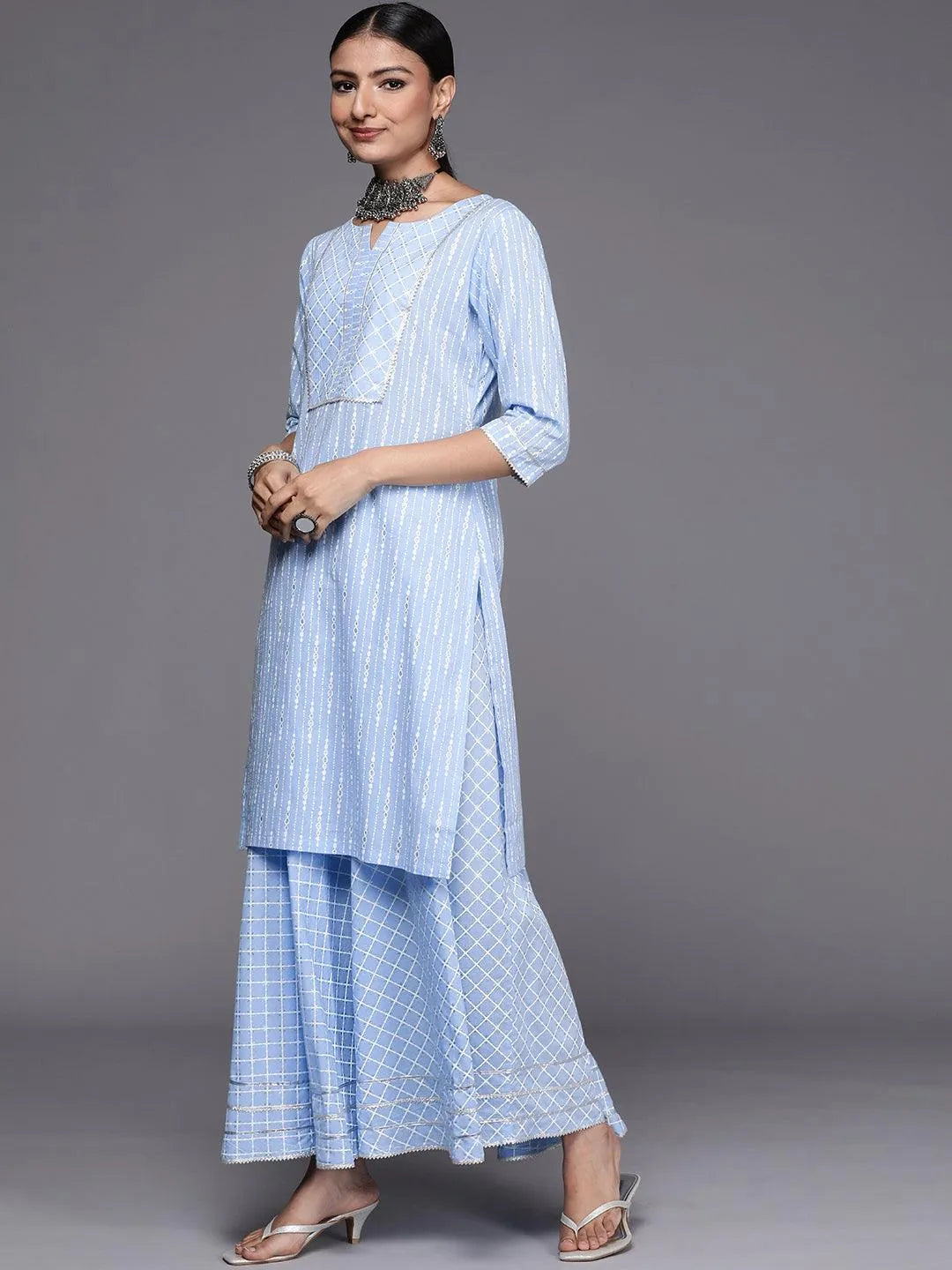 Blue Yoke Design Cotton Straight Suit Set - Libas 