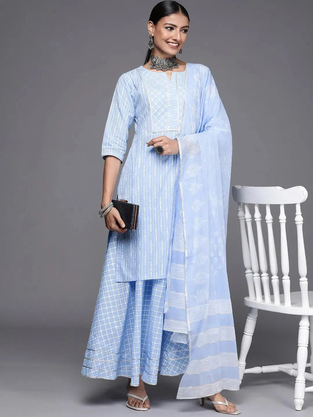 Blue Yoke Design Cotton Straight Suit Set - Libas