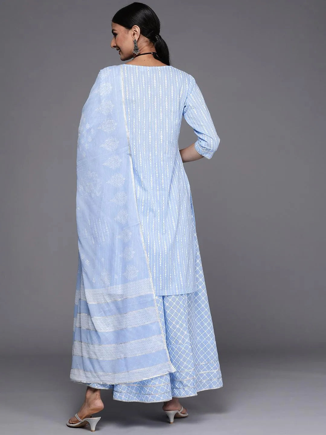 Blue Yoke Design Cotton Straight Suit Set - Libas 