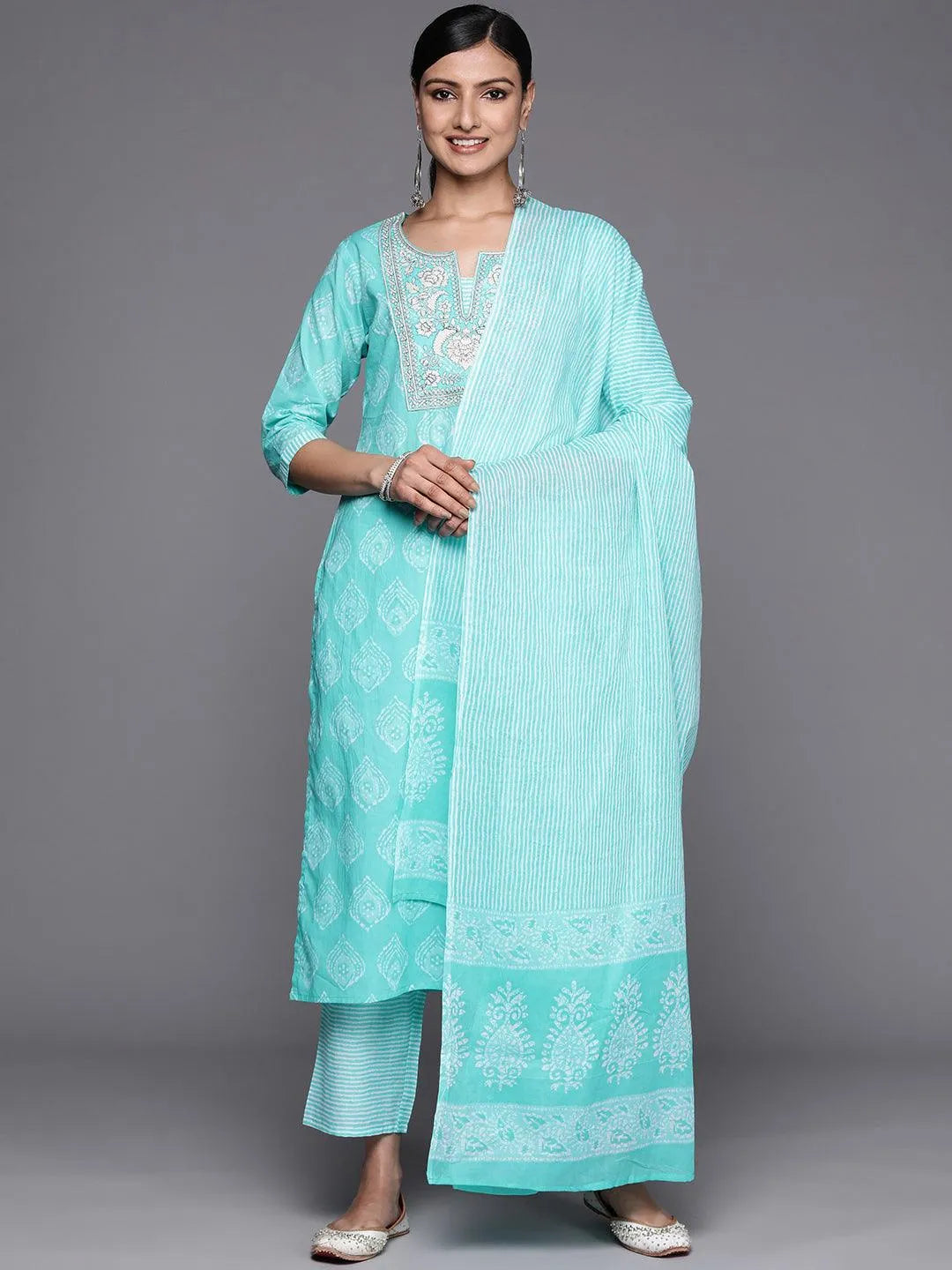 Blue Yoke Design Cotton Straight Suit Set With Trousers - Libas