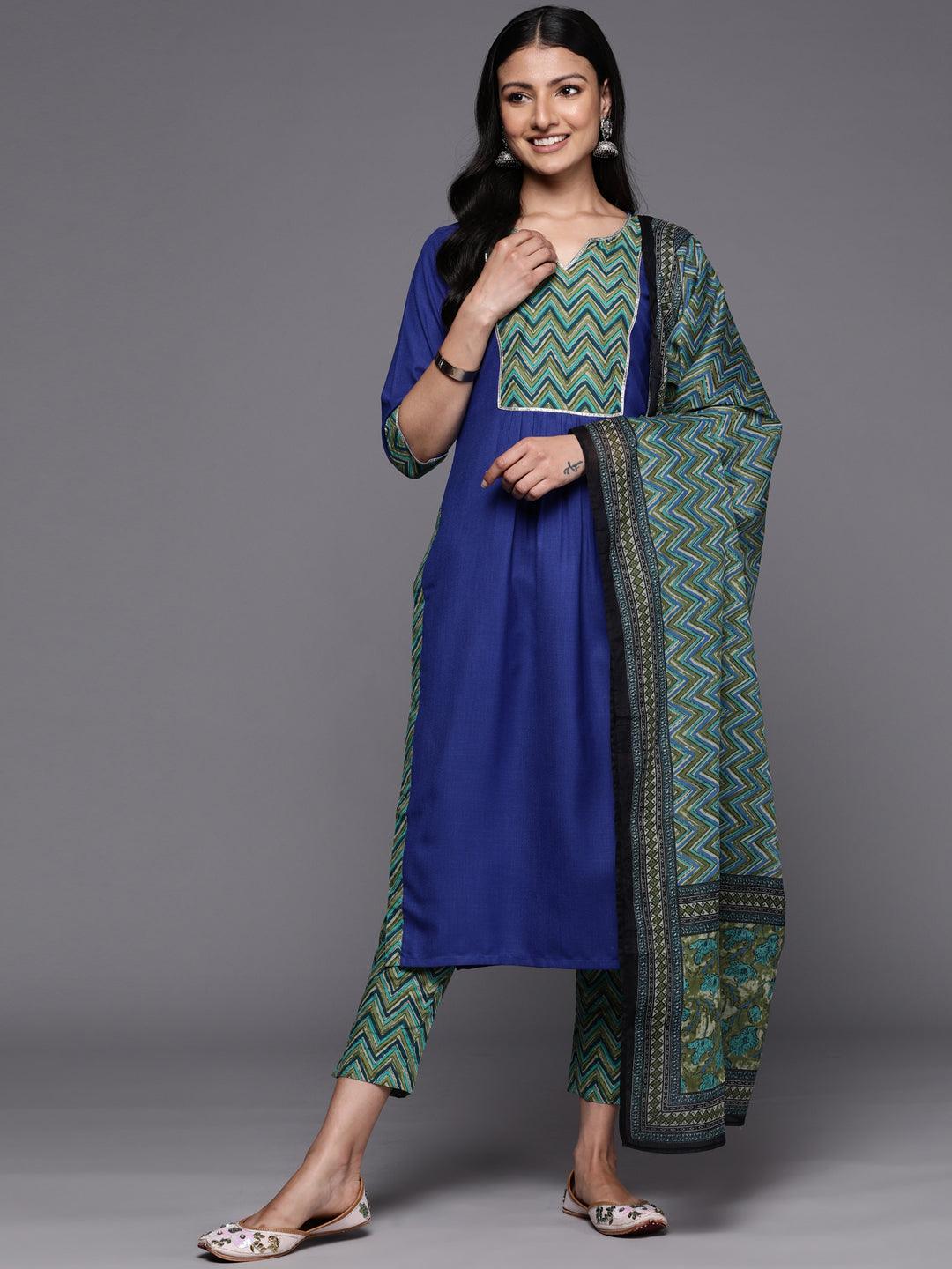 Blue Yoke Design Cotton Straight Suit Set With Trousers - Libas