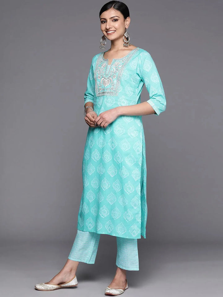 Blue Yoke Design Cotton Straight Suit Set With Trousers - Libas