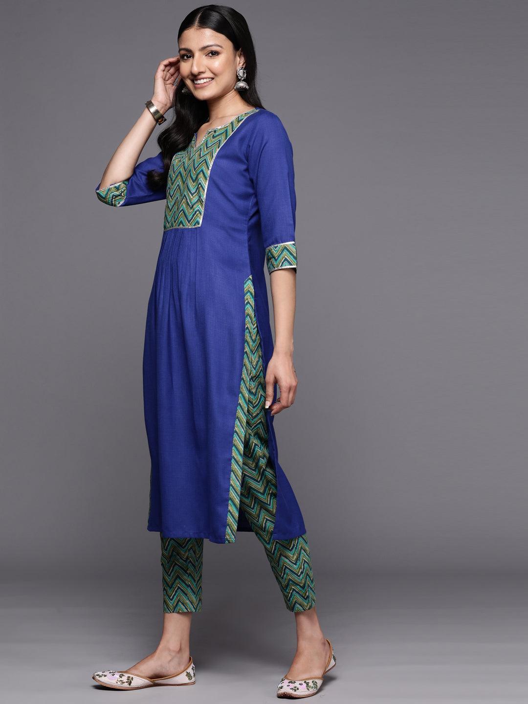 Blue Yoke Design Cotton Straight Suit Set With Trousers - Libas 