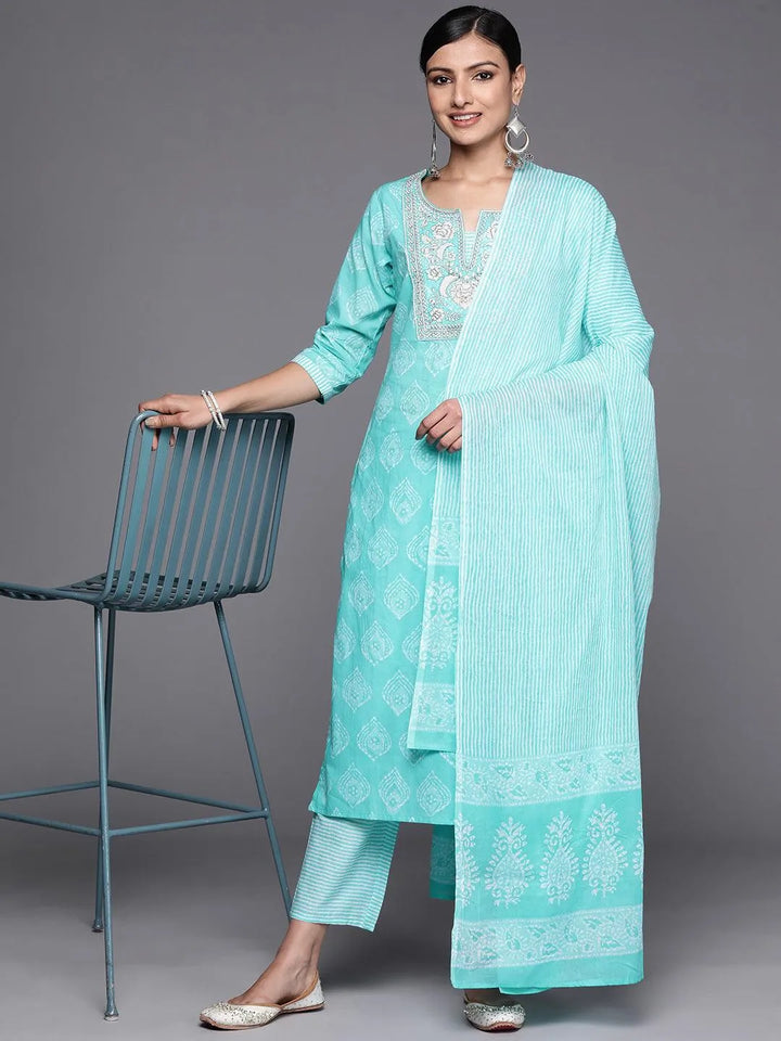 Blue Yoke Design Cotton Straight Suit Set With Trousers - Libas