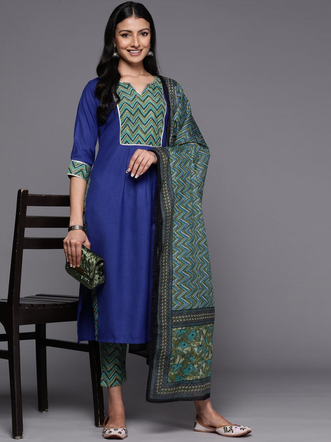 Blue Yoke Design Cotton Straight Suit Set With Trousers - Libas 