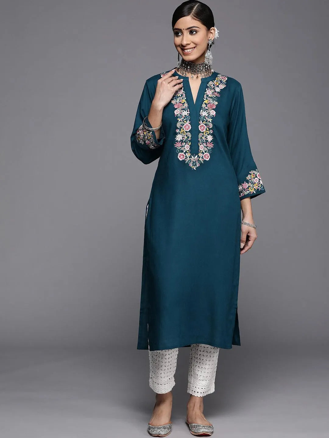 Blue Yoke Design Rayon Kurta - Libas