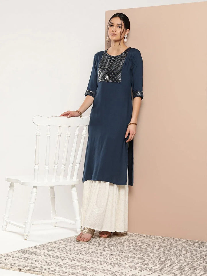 Blue Yoke Design Rayon Straight Kurta - Libas