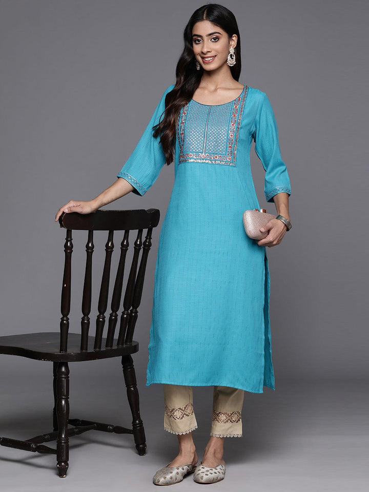 Blue Yoke Design Rayon Straight Kurta - Libas