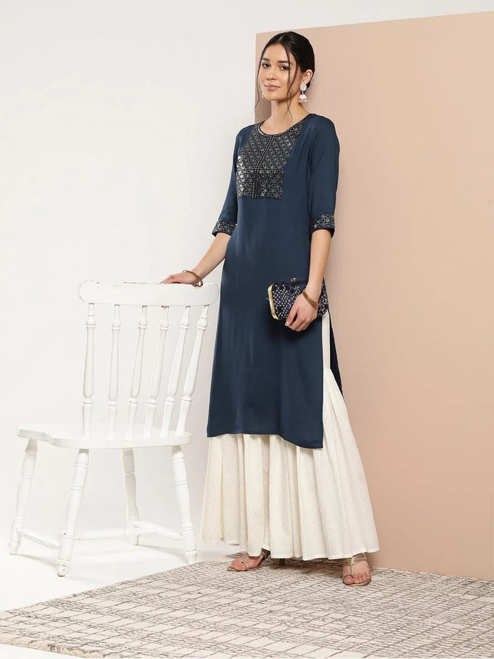 Blue Yoke Design Rayon Straight Kurta - Libas