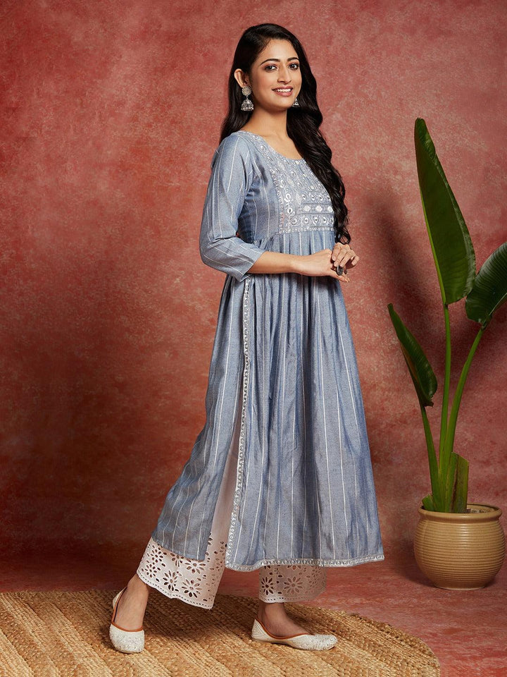 Blue Yoke Design Silk A-Line Kurta - Libas