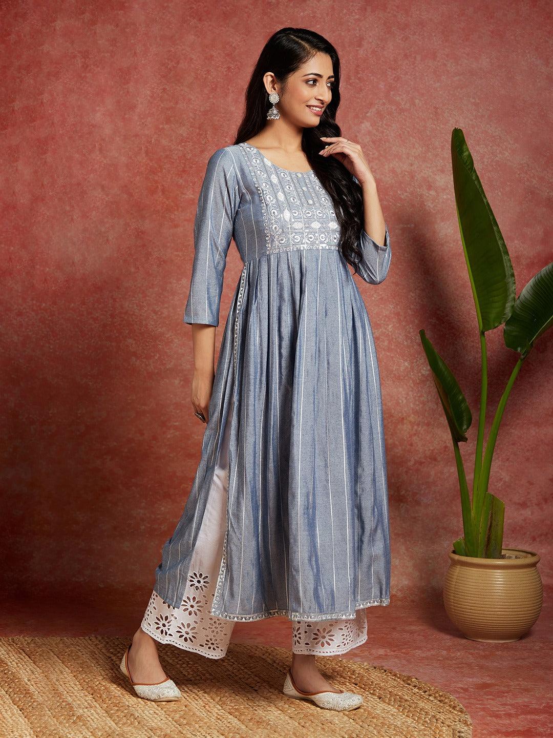 Blue Yoke Design Silk A-Line Kurta - Libas