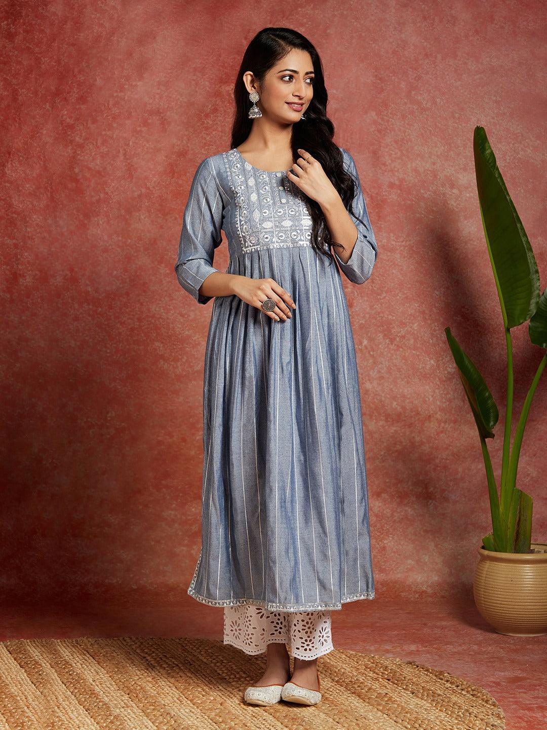 Blue Yoke Design Silk A-Line Kurta - Libas