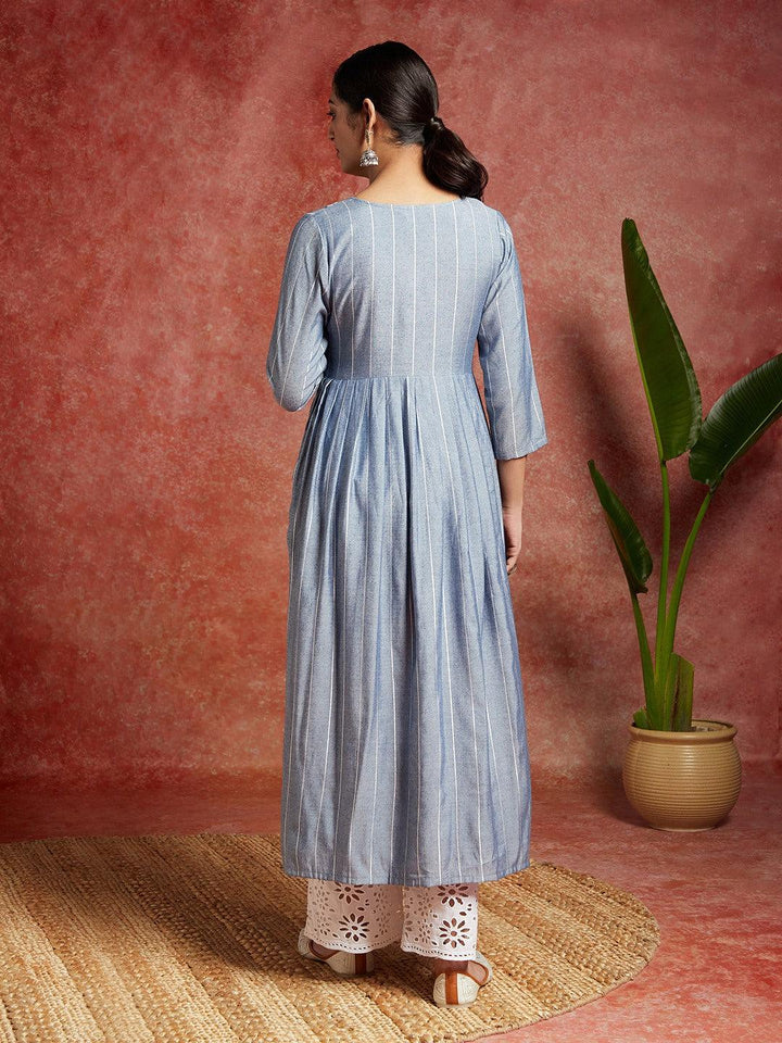 Blue Yoke Design Silk A-Line Kurta - Libas