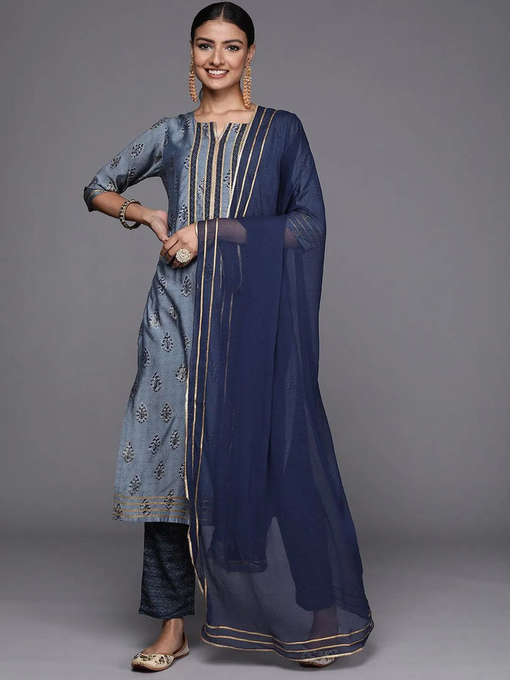 Blue Yoke Design Silk Blend Straight Suit Set - Libas