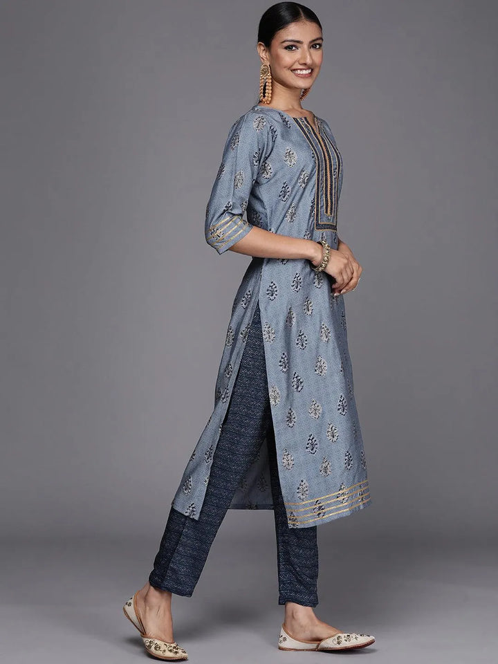 Blue Yoke Design Silk Blend Straight Suit Set - Libas