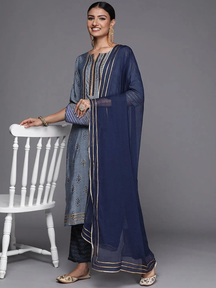 Blue Yoke Design Silk Blend Straight Suit Set - Libas