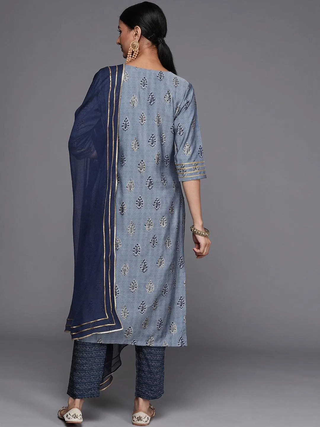 Blue Yoke Design Silk Blend Straight Suit Set - Libas