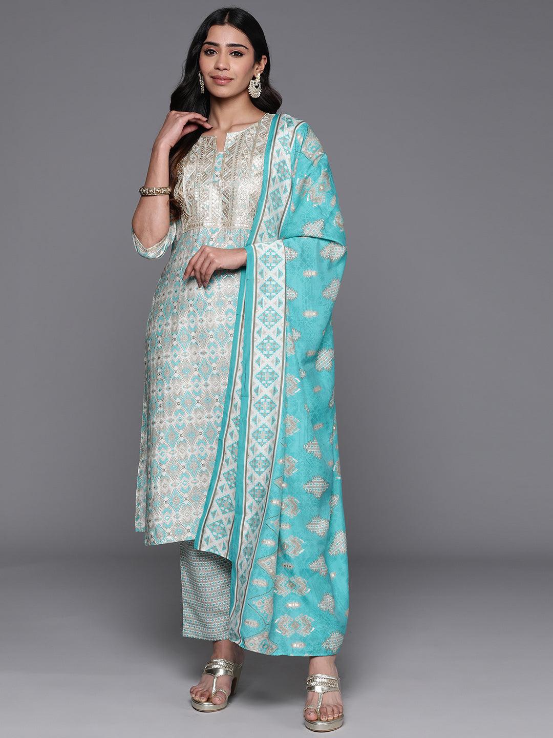 Blue Yoke Design Silk Blend Straight Kurta With Palazzos & Dupatta - Libas 