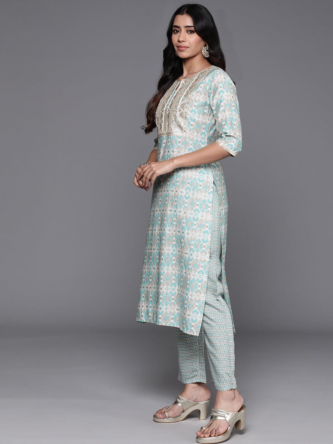 Blue Yoke Design Silk Blend Straight Kurta With Palazzos & Dupatta - Libas 