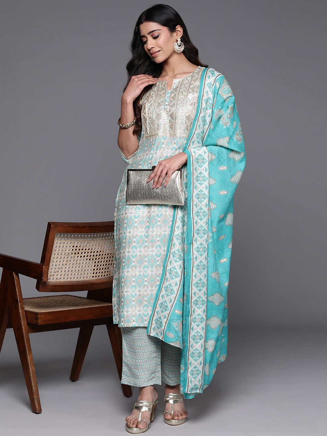 Blue Yoke Design Silk Blend Straight Kurta With Palazzos & Dupatta - Libas 