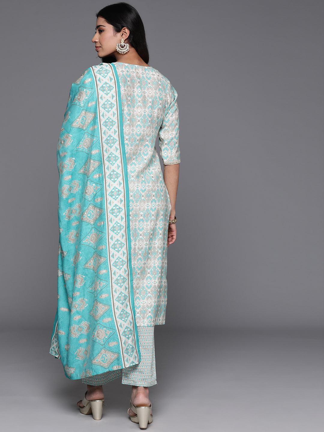 Blue Yoke Design Silk Blend Straight Kurta With Palazzos & Dupatta - Libas