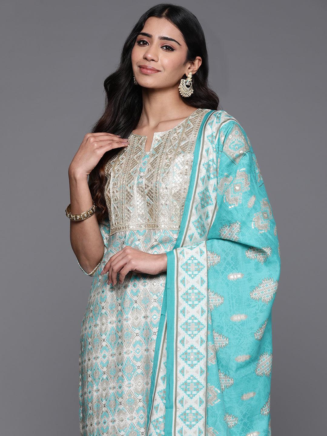 Blue Yoke Design Silk Blend Straight Kurta With Palazzos & Dupatta - Libas 