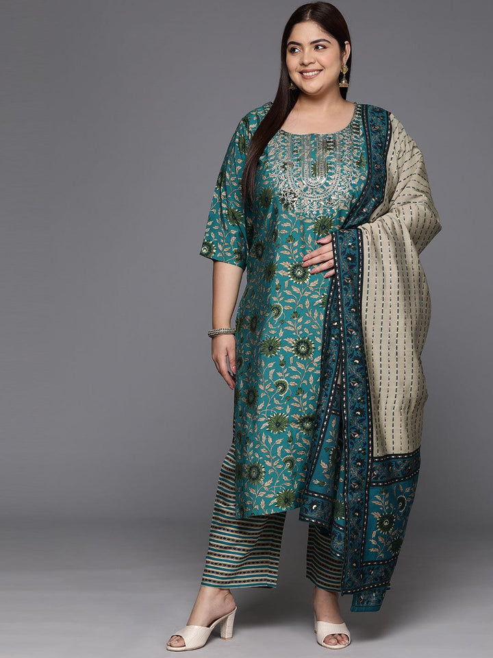 Blue Yoke Design Silk Blend Straight Kurta With Trousers & Dupatta - Libas