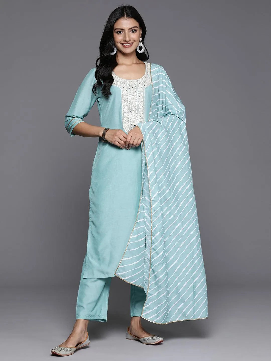 Blue Yoke Design Silk Blend Straight Kurta With Trousers & Dupatta - Libas