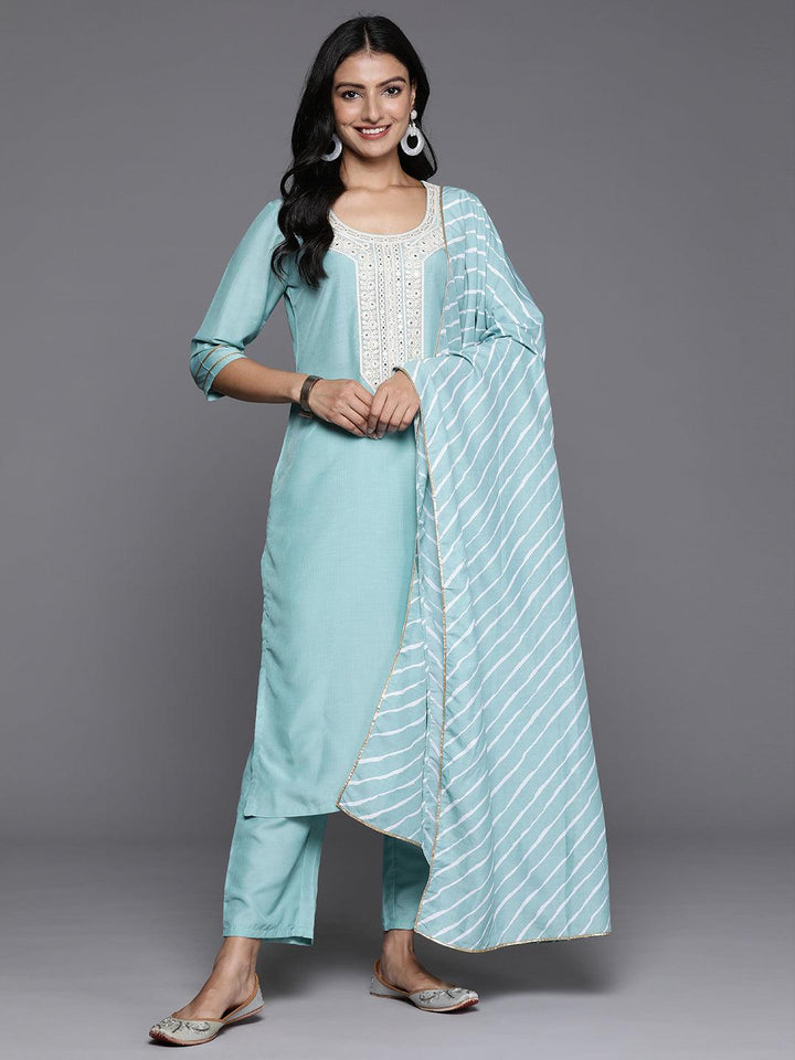 Blue Yoke Design Silk Blend Straight Kurta With Trousers & Dupatta - Libas