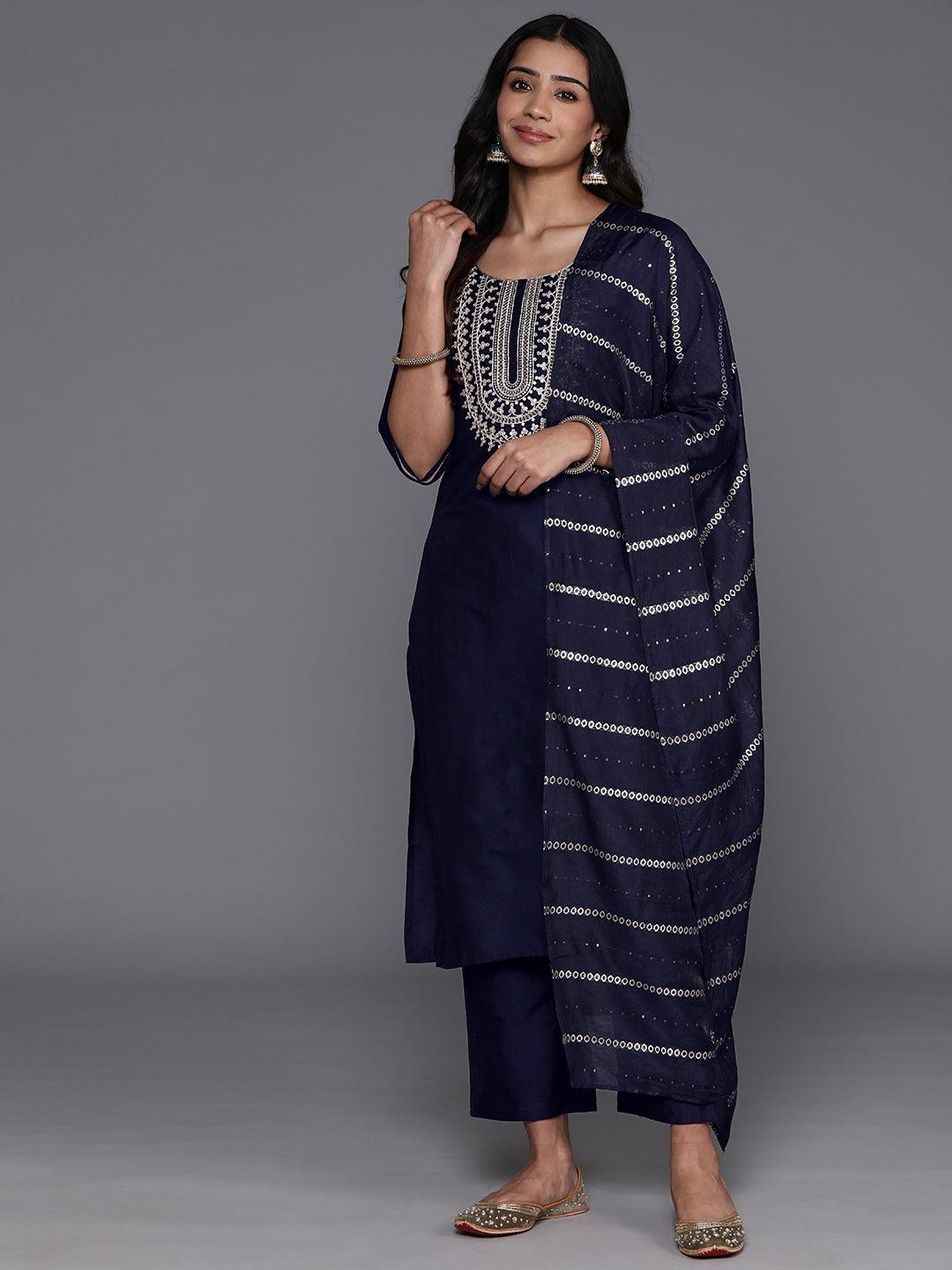 Blue Yoke Design Silk Blend Straight Kurta With Trousers & Dupatta - Libas 