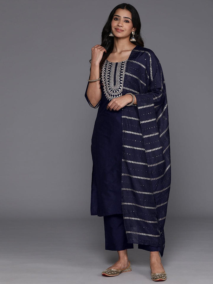 Blue Yoke Design Silk Blend Straight Kurta With Trousers & Dupatta - Libas