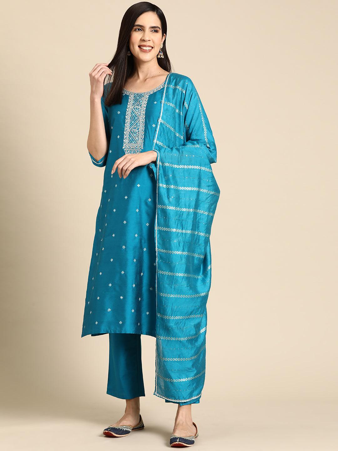 Blue Yoke Design Silk Blend Straight Kurta With Trousers & Dupatta - Libas 