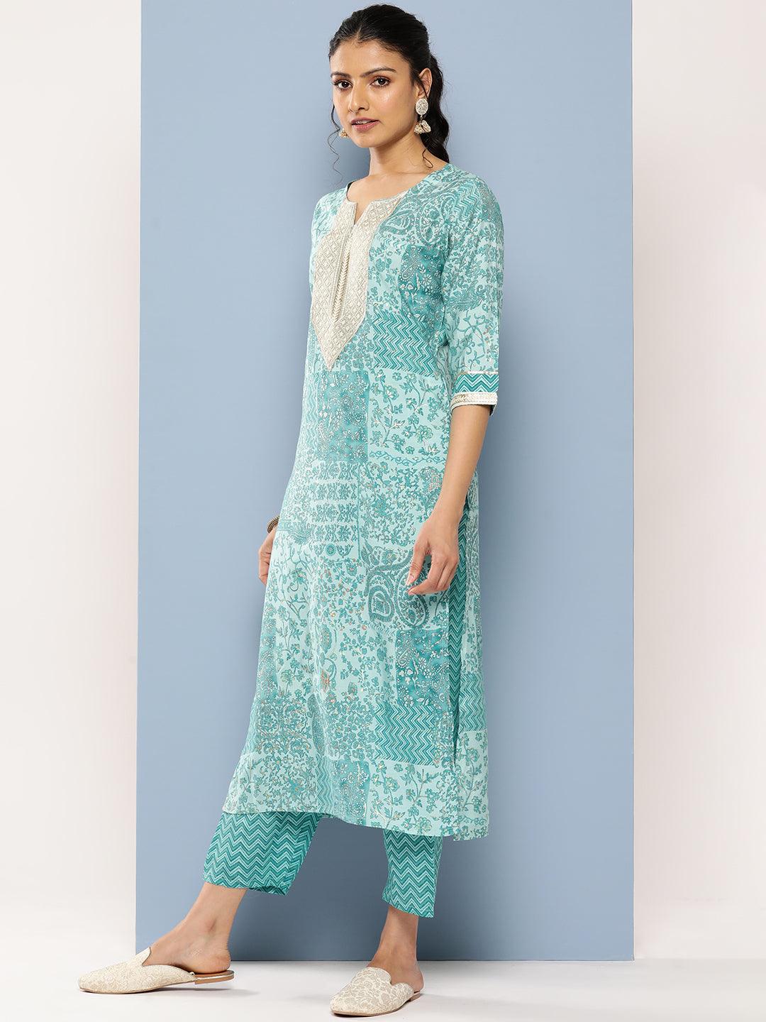 Blue Yoke Design Silk Blend Straight Suit Set With Trousers - Libas 