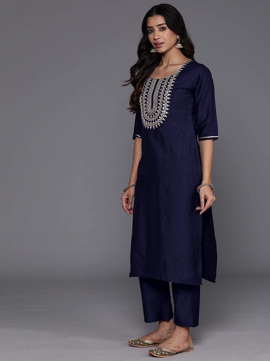 Blue Yoke Design Silk Blend Straight Kurta With Trousers & Dupatta - Libas