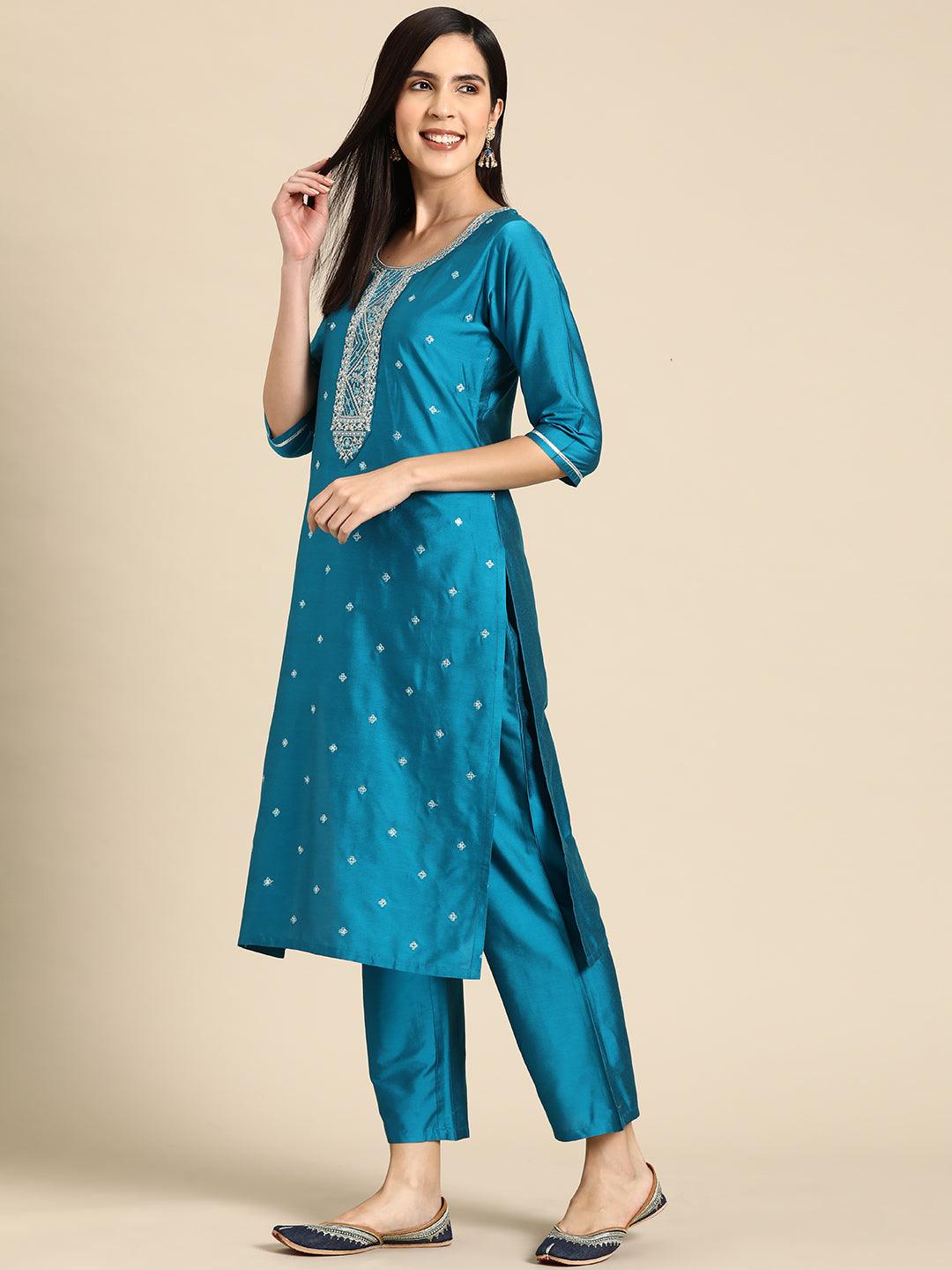 Blue Yoke Design Silk Blend Straight Kurta With Trousers & Dupatta - Libas