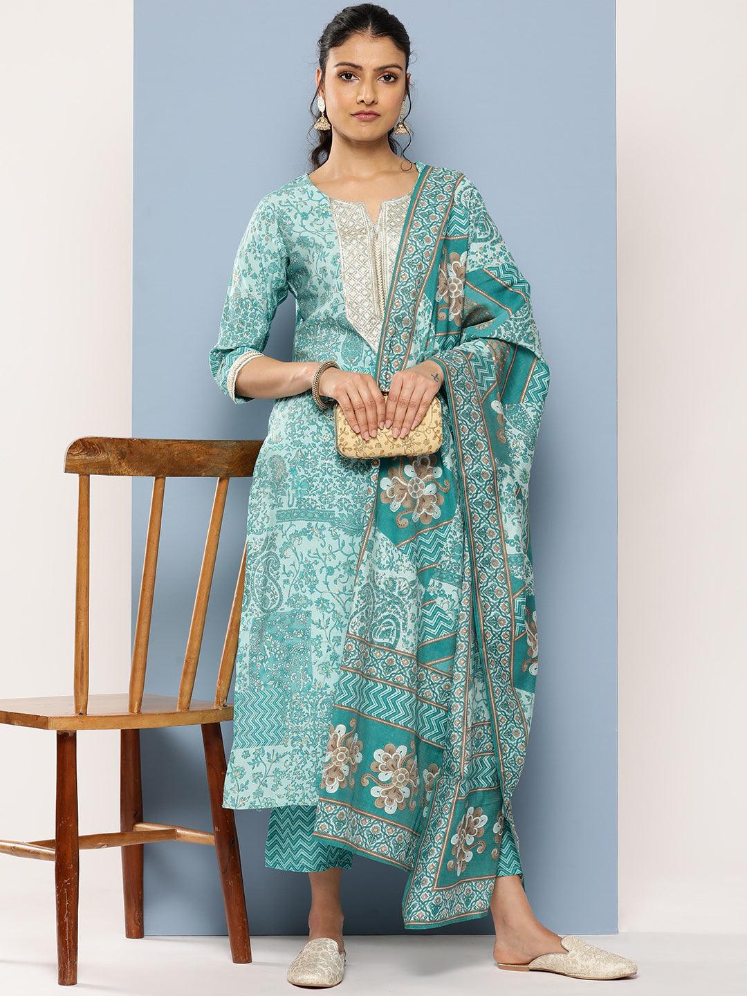 Blue Yoke Design Silk Blend Straight Suit Set With Trousers - Libas 