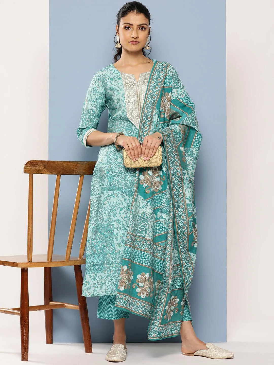 

Blue Yoke Design Silk Blend Straight Kurta With Trousers & Dupatta