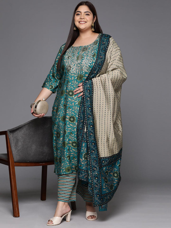 Blue Yoke Design Silk Blend Straight Kurta With Trousers & Dupatta - Libas