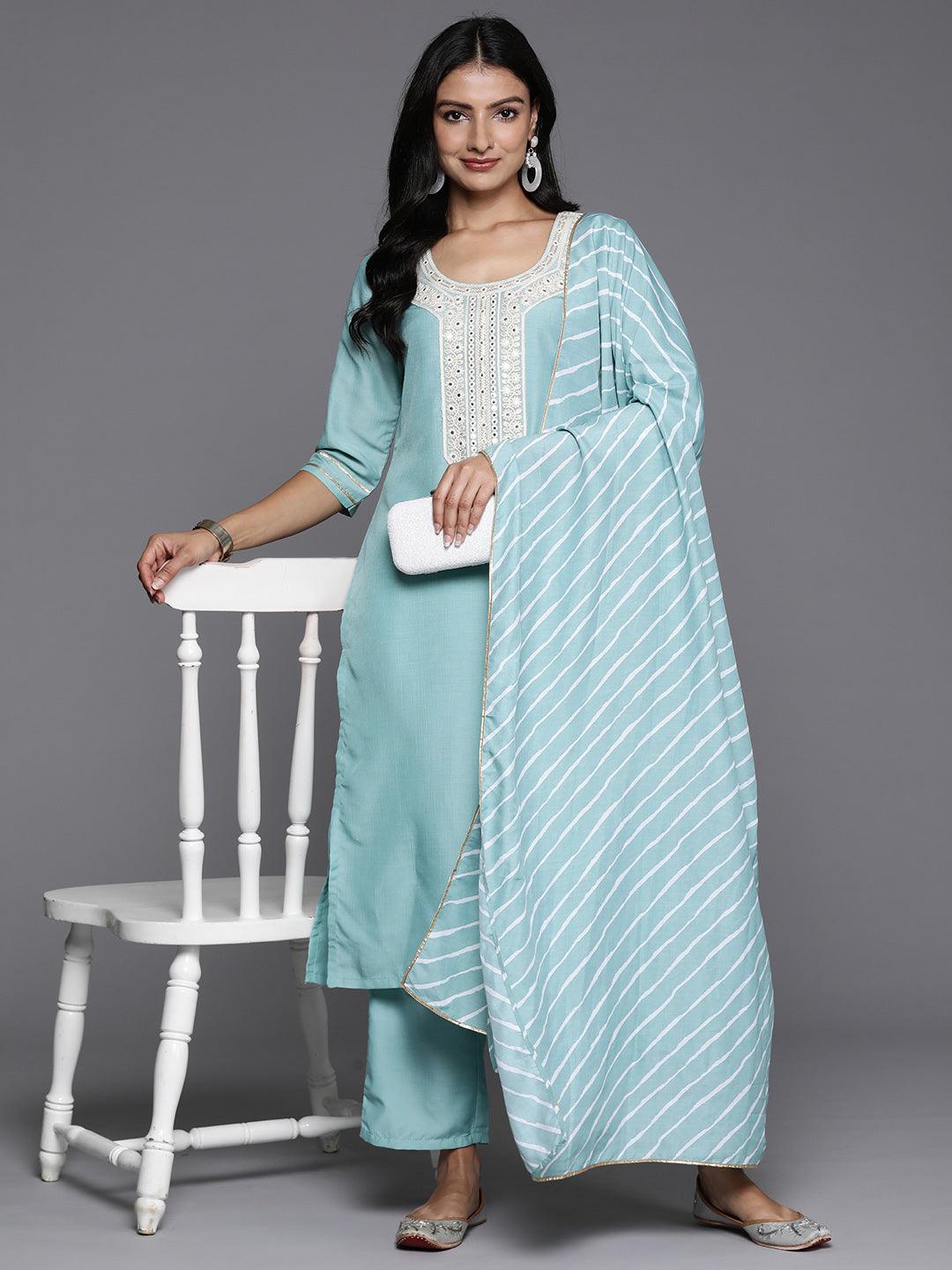 Blue Yoke Design Silk Blend Straight Kurta With Trousers & Dupatta - Libas