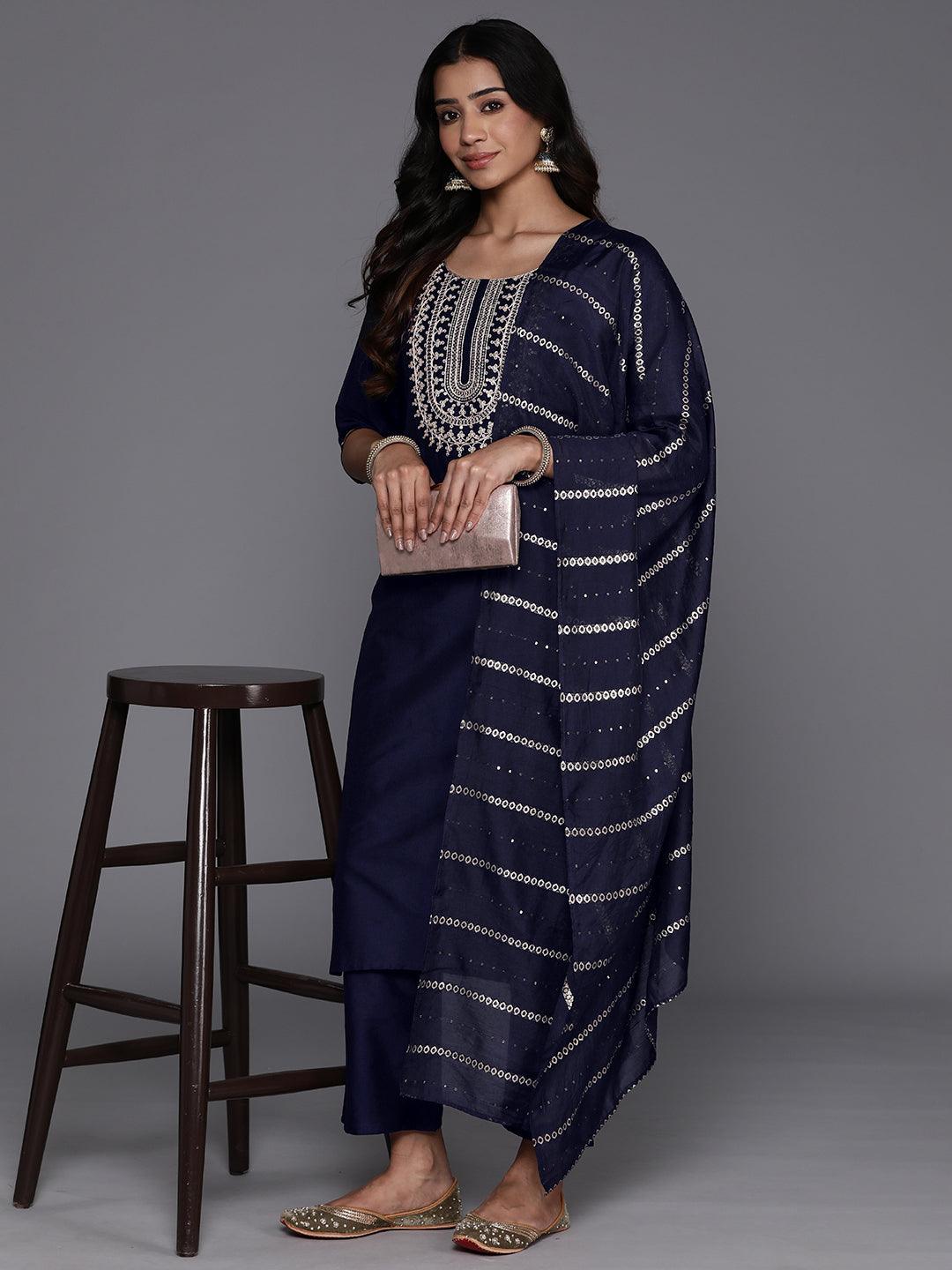 Blue Yoke Design Silk Blend Straight Kurta With Trousers & Dupatta - Libas