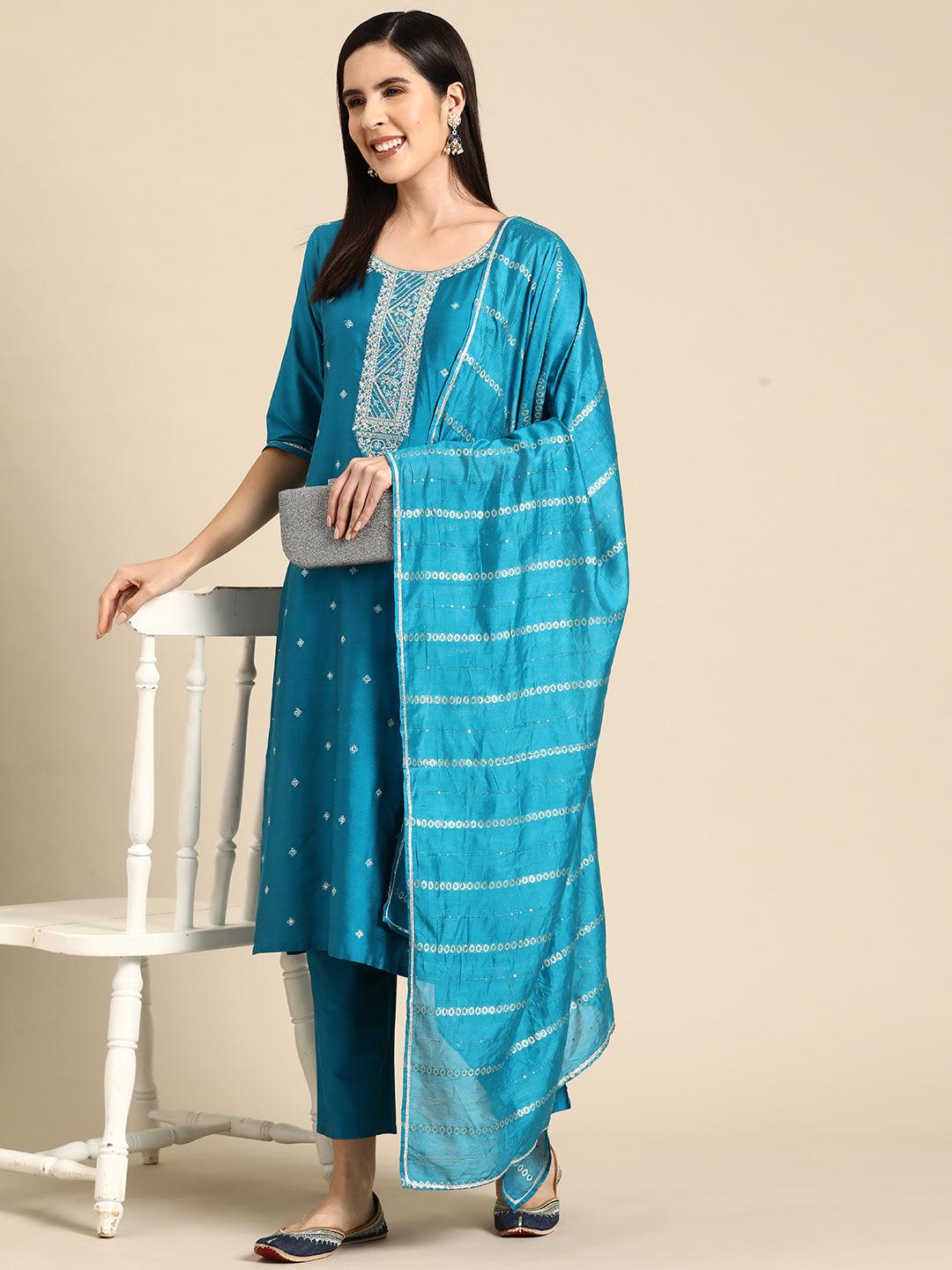 Blue Yoke Design Silk Blend Straight Kurta With Trousers & Dupatta - Libas 